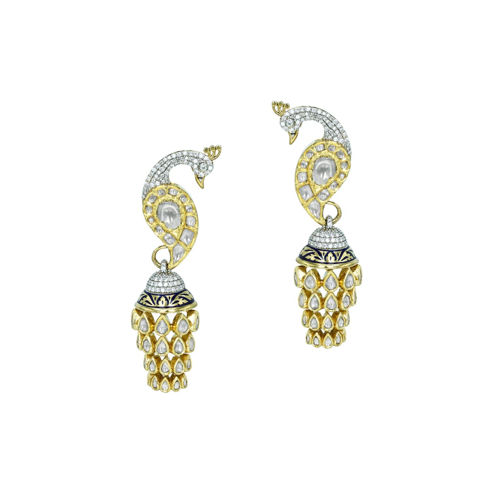 Peacock Polki Earrings with Cascading Drops